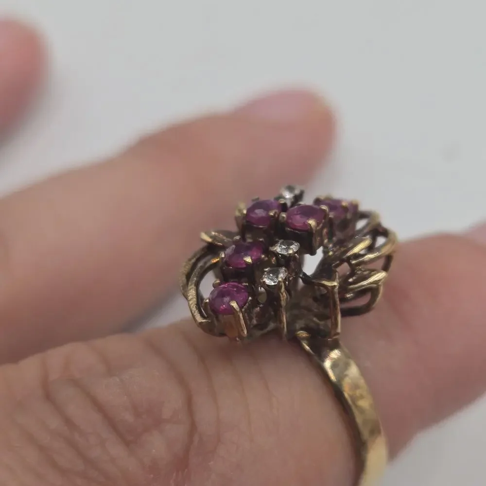Vintage 14k HGE Purple Red Clear Stone Cocktail Multi Layer Ring Sz 7.75 Glam